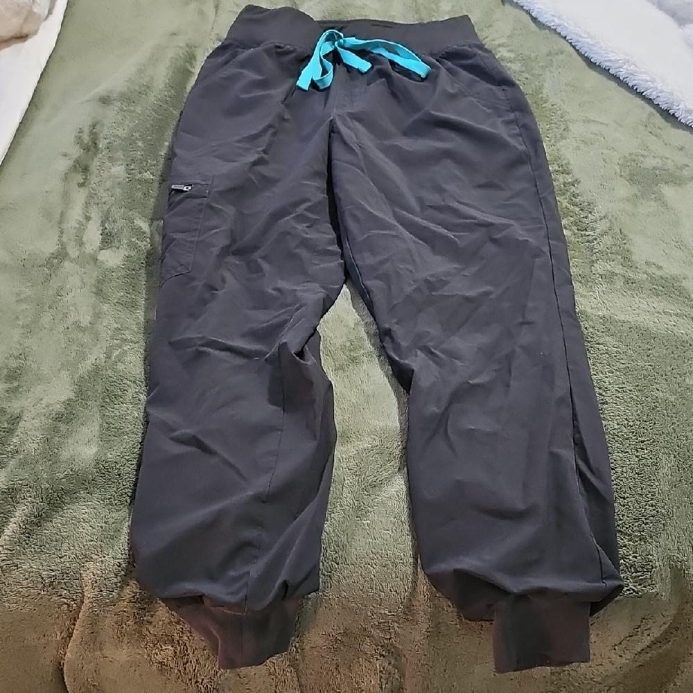 Figs Women's Black Jogger Scrub Pants with Aqua Drawstring